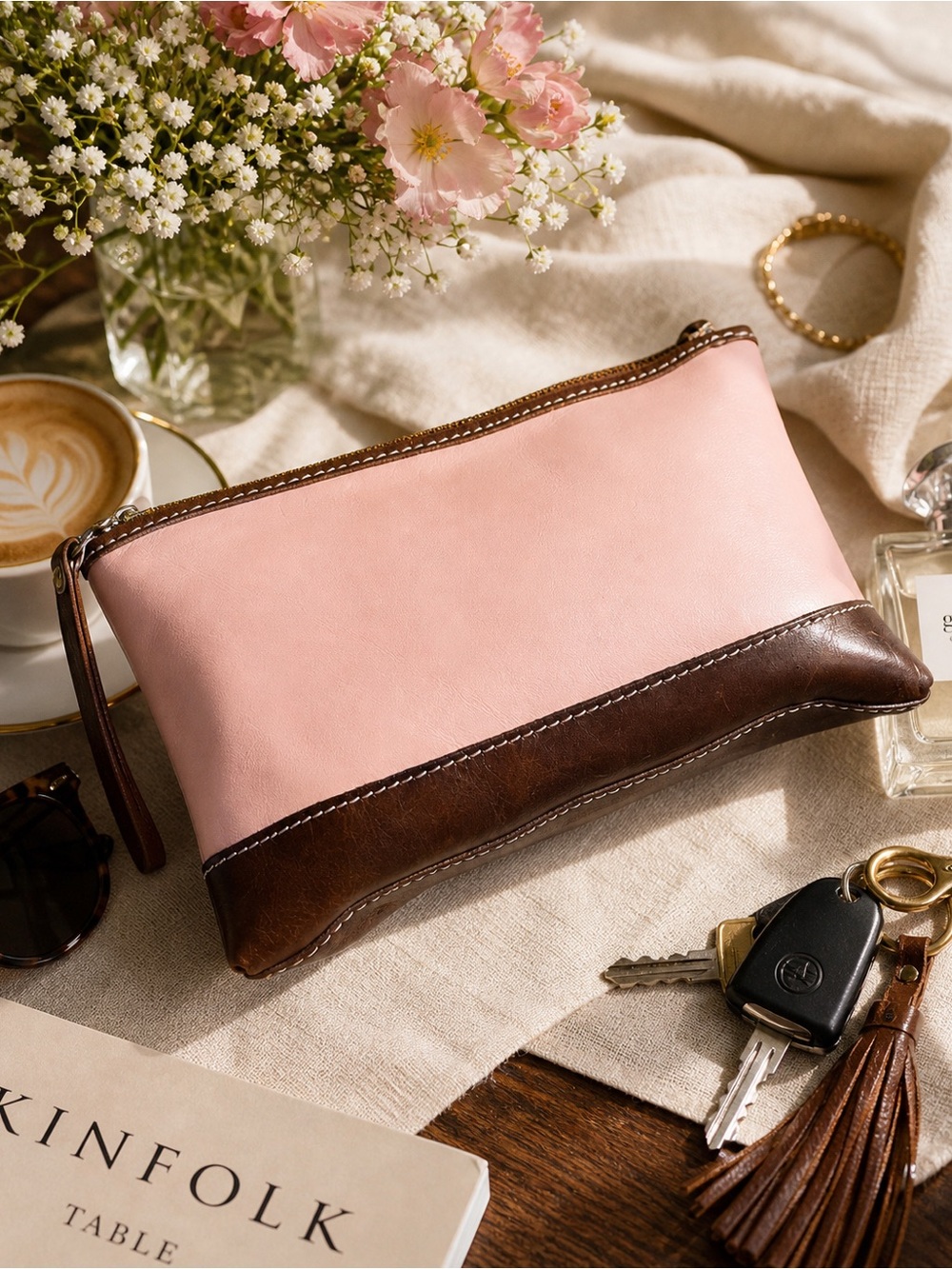 Blush Pink Leather Clutch Minimal Chic‎ Brown Trim Soft Neutral Everyday Bag
